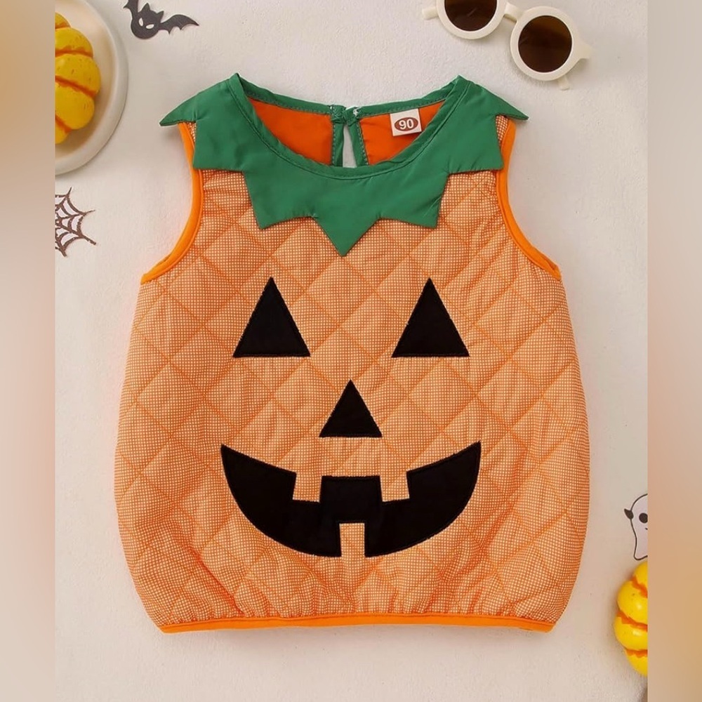 New- Green & Orange Pumpkin Jack-O'-Lantern Kids Costume Vest